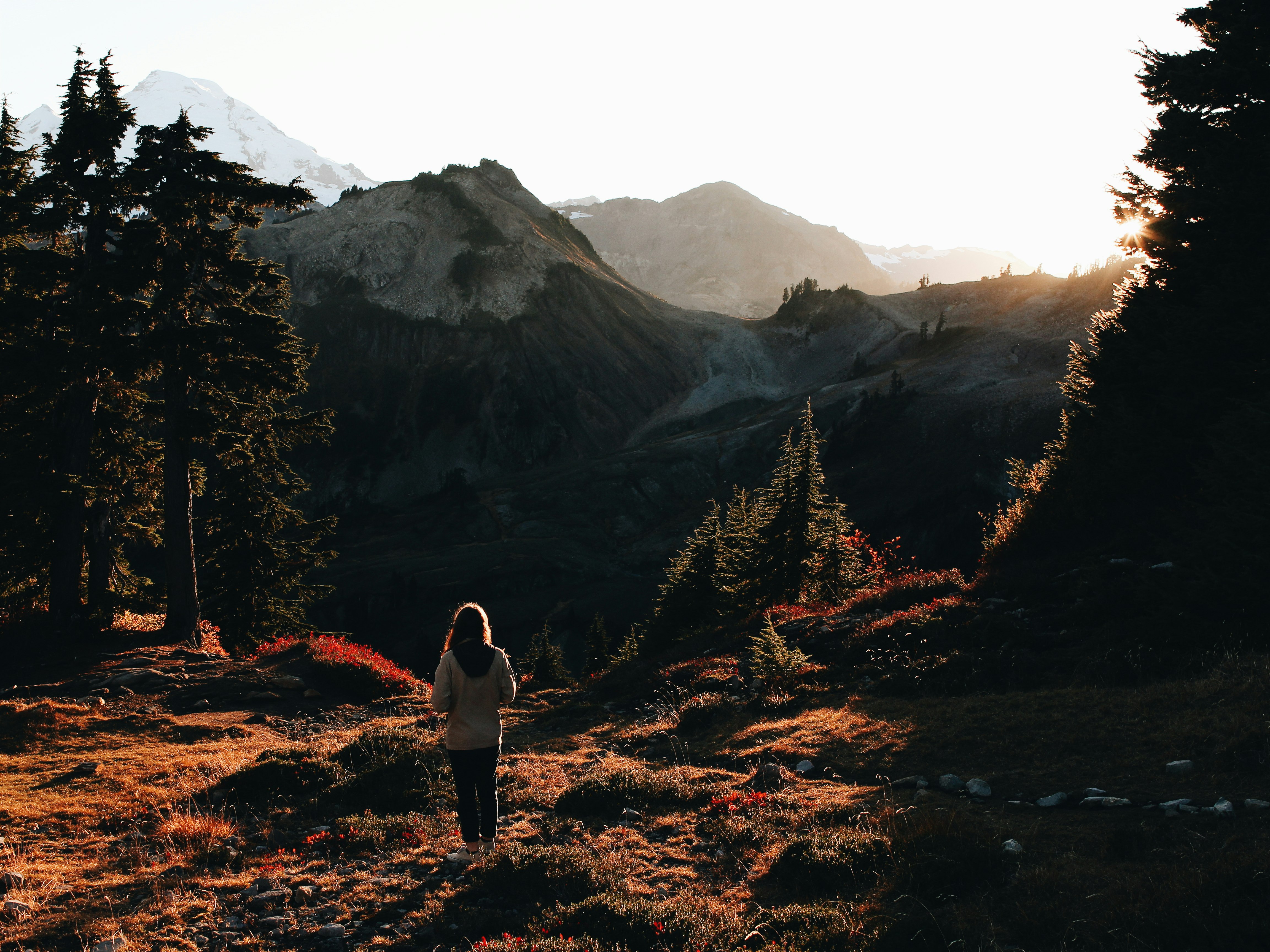 woman standing in front of mountains